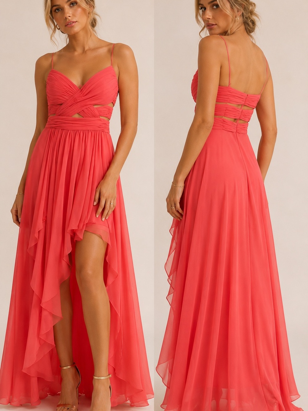 Vintage Y2K Cache Coral Pink Chiffon High-Low Formal Dress Cutout Sz 6